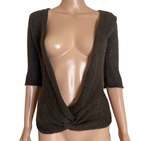 Wooden Ships sweater V neck loose knit tie middle wrap style chocolate brown SM - Picture 2 of 8